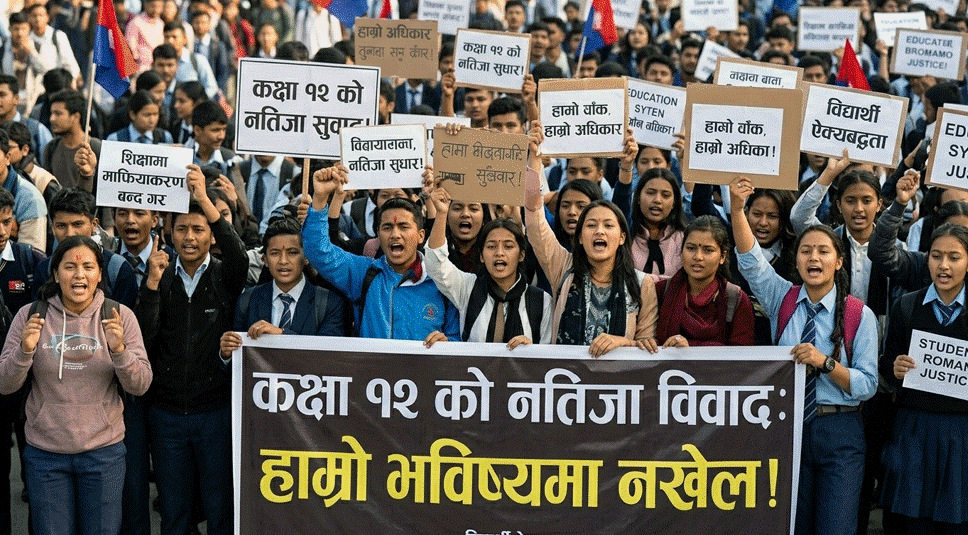 कक्षा १२ को नतिजाप्रति असन्तुष्टि जनाउँदै विद्यार्थीको प्रदर्शन