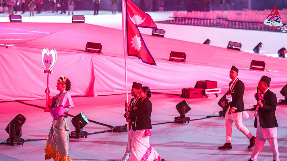 एसियाली खेलकुद जापानमा सुरु, मार्चपास्टमा चन्द्र र मानमतीले बोके नेपाली झण्डा